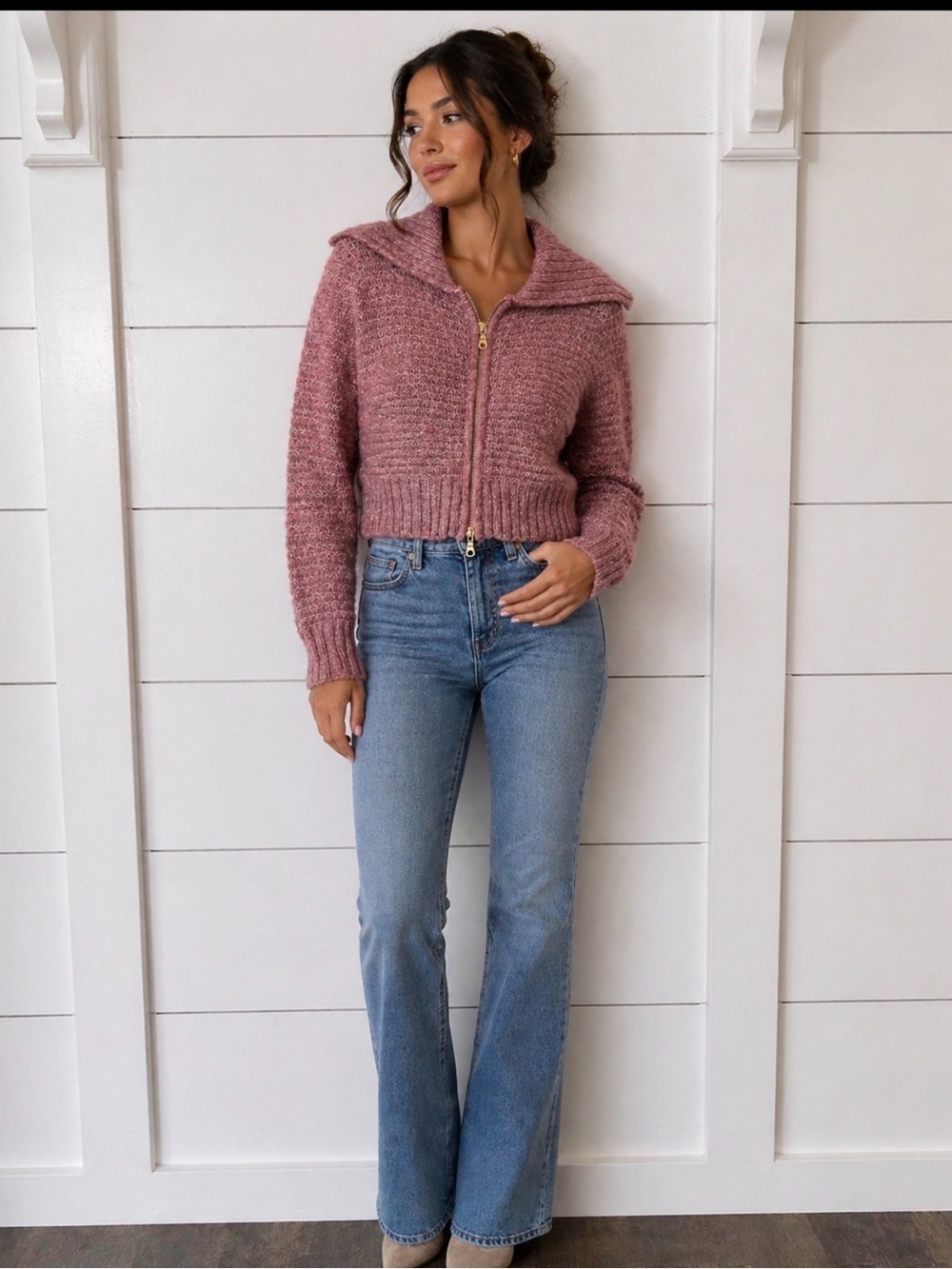 Joie S Exaggerated collar zip cable knit long sleeve cozy quiet luxury cardigan